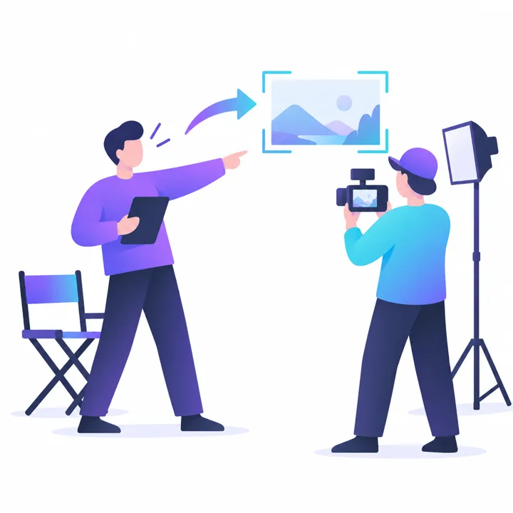 ディレクターが小型カメラを構えたクリエイターに撮り方を指示しているイラスト