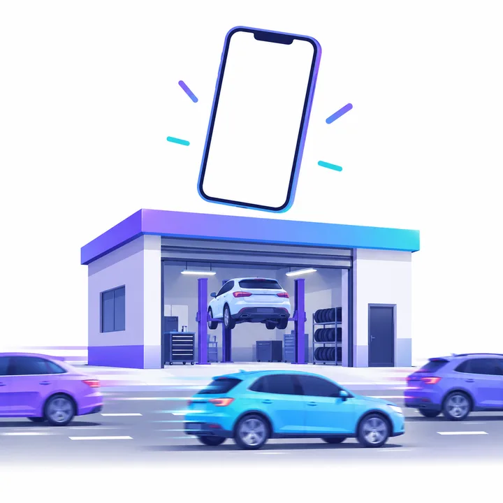 通り沿いの整備工場の前を車が素通りし、スマホ画面は空白のイラスト