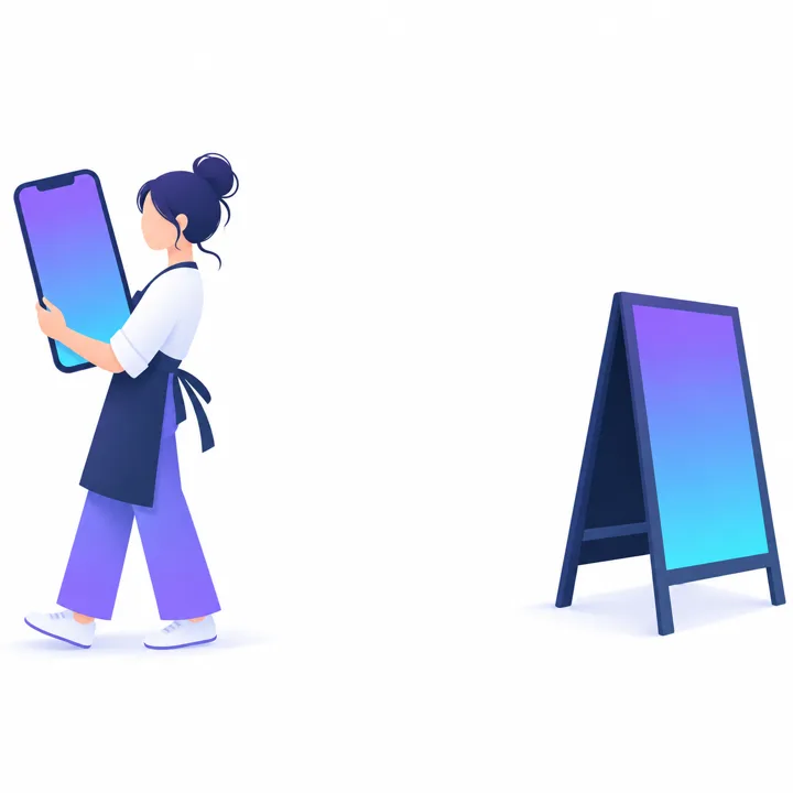 スタイリスト個人が持つスマホと、店舗の看板スタンドが反対を向いているイラスト