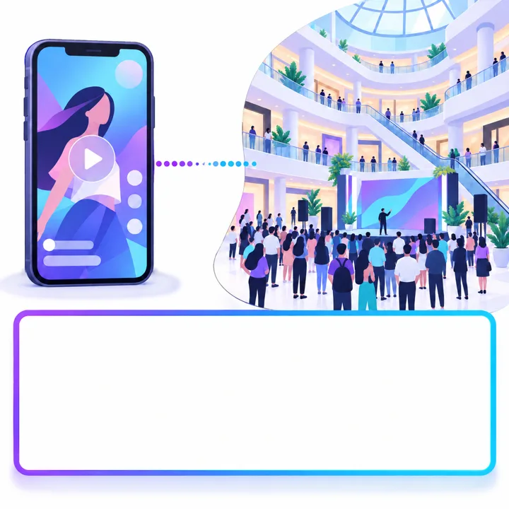 スマホの動画とイベント広場の人だかりをつなぐ点線が途切れ、来館の集計欄が空欄のイラスト