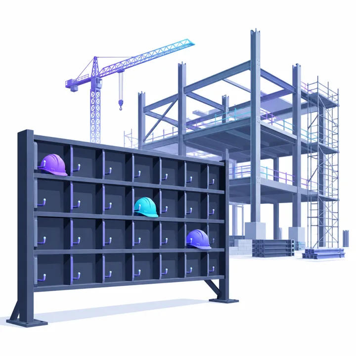 Illustration of a construction site under steel scaffolding and a helmet rack with obvious gaps