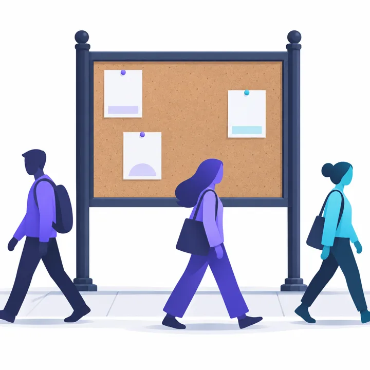 Illustration of an outdoor noticeboard with just a few paper job ads pinned to it