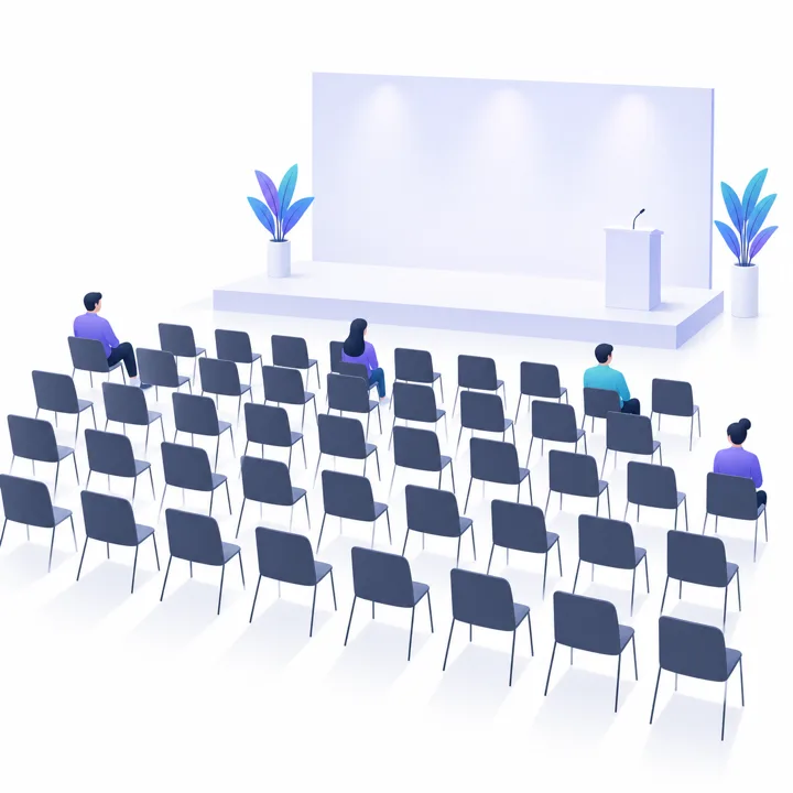 Illustration of an open-house venue with chairs in neat rows and only a scattering of people seated