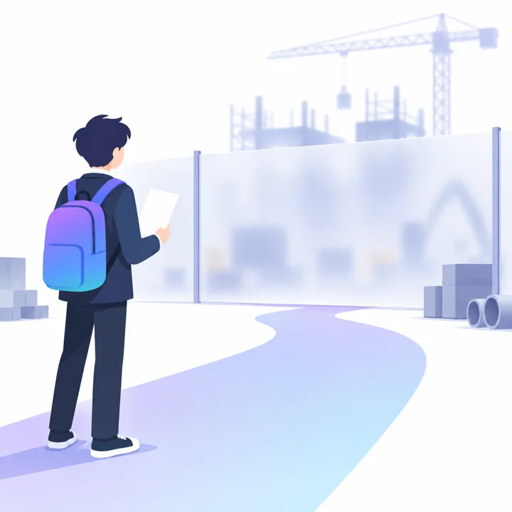 Illustration of a high-school student pausing with a blank job posting in hand, and a construction site hidden behind white hoarding