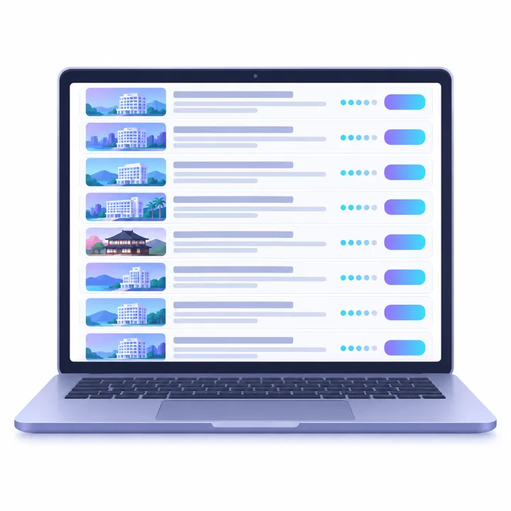 ノートPCの画面に予約サイトの一覧が並び、小さな宿が埋もれているイラスト