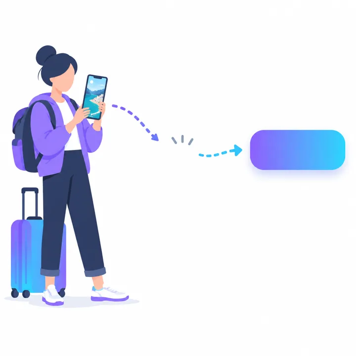 スマホで動画を見る旅行者と予約ボタンをつなぐ点線が、途中で途切れているイラスト