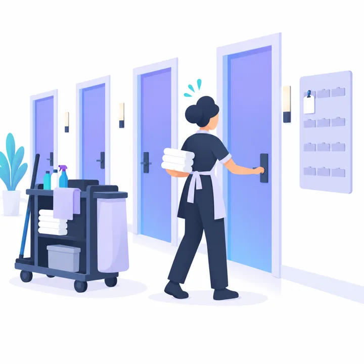 Illustration of a housekeeping trolley left in a corridor, one staff member covering several rooms, and an empty name-badge rack