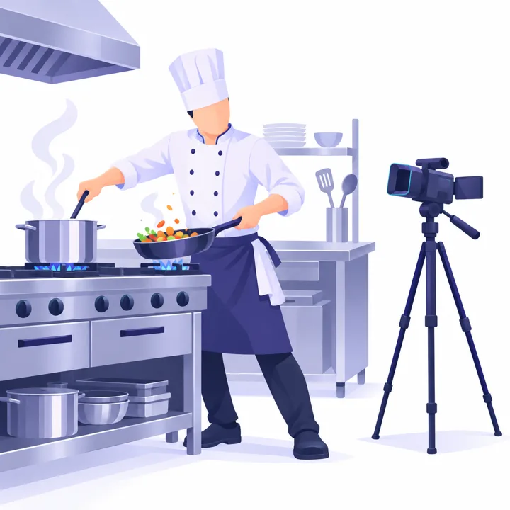 鍋とフライパンで手が離せない料理人と、脇で使われないまま置かれた三脚付きカメラのイラスト