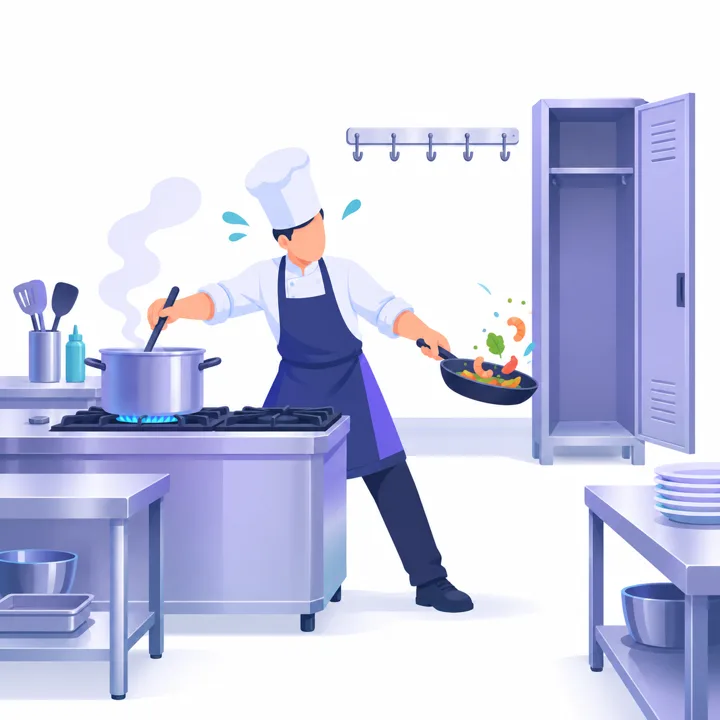 Illustration of a lone chef working pans in the kitchen, with empty staff lockers and apron hooks behind