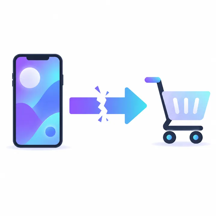 スマホの縦型動画とショッピングカートをつなぐ矢印が中央で断裂しているイラスト