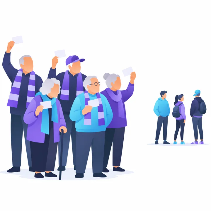 会員カードを持つ年配のファンの集まりと、離れた位置に立つ少人数の若い層のイラスト