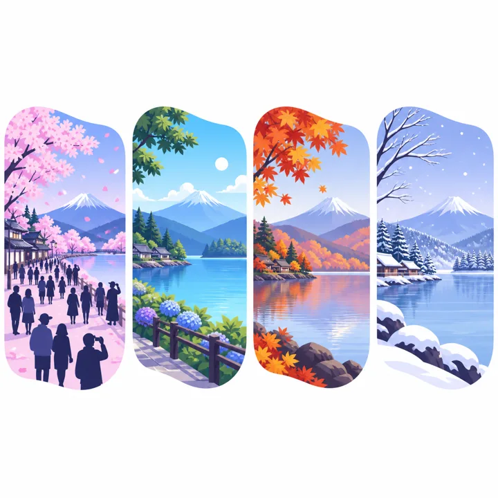 四季の風景のうち桜の一季だけが賑わい、残りは閑散としているイラスト
