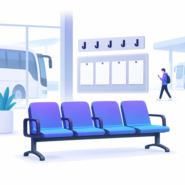 バス営業所の空いた運転士の待機席と白紙の掲示板、遠くでスマホを見て通り過ぎる若者のイラスト