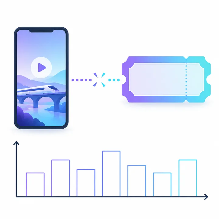 スマホで見た動画と企画乗車券の販売ページをつなぐ点線が途切れ、売上のグラフが空欄のイラスト