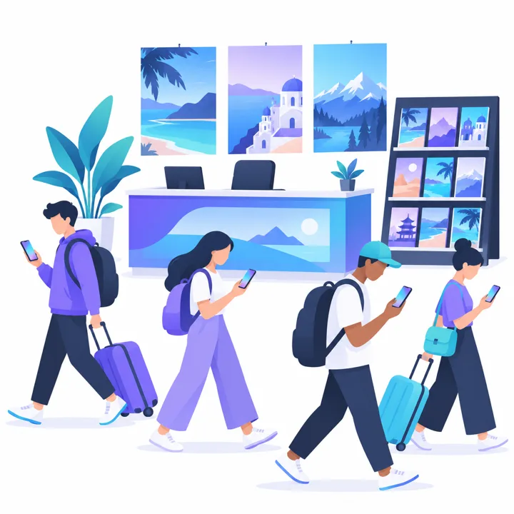 パンフレットが並ぶ旅行会社のカウンターの前を、スマホの縦画面を見ながら通り過ぎる旅行者のイラスト