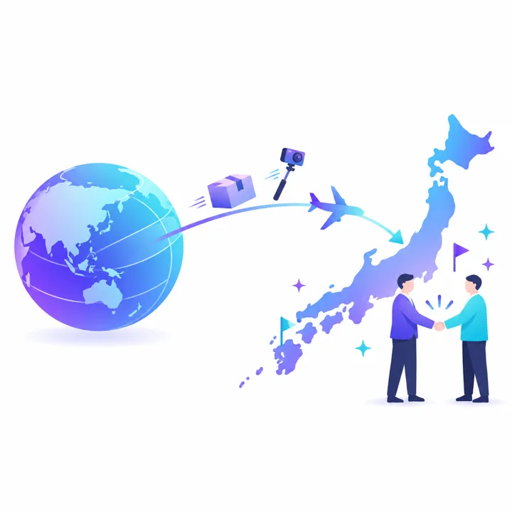 地球儀から日本列島へ製品の箱と小型カメラが運ばれ、日本側で2人が握手しているイラスト