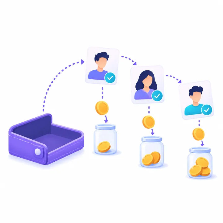 候補者のカードが点線の道を通って届くたびに、小さな瓶へ硬貨が1枚ずつ落ちるイラスト