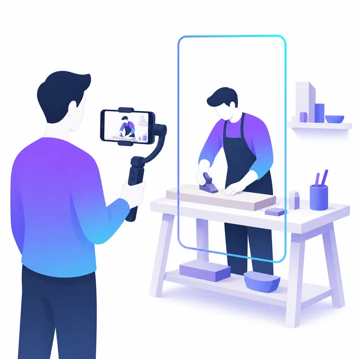 社員インタビューと職場風景を撮影するフェーズのイメージイラスト