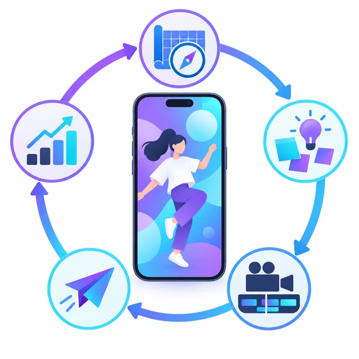 縦型スマホを囲む1本の輪の上に、設計・企画・撮影・投稿・分析のアイコンが並ぶイラスト