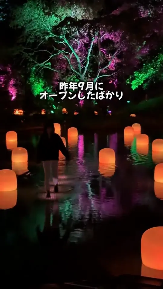 温泉グランピングの夜のアートを歩くPOV動画
